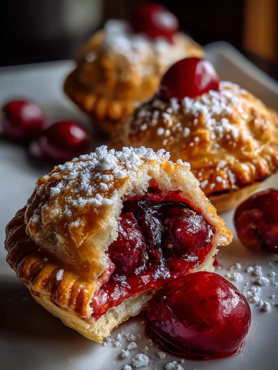 Un pastelito de hojaldre con un cuenco de cerezas y un cuenco con mini-merengues.
