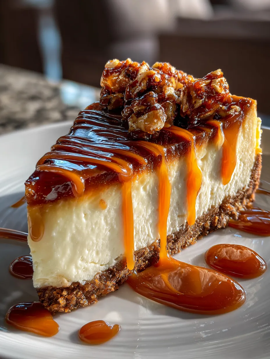 Porción de pastel de caramelo-toffee con una cebolla sobre un plato blanco.