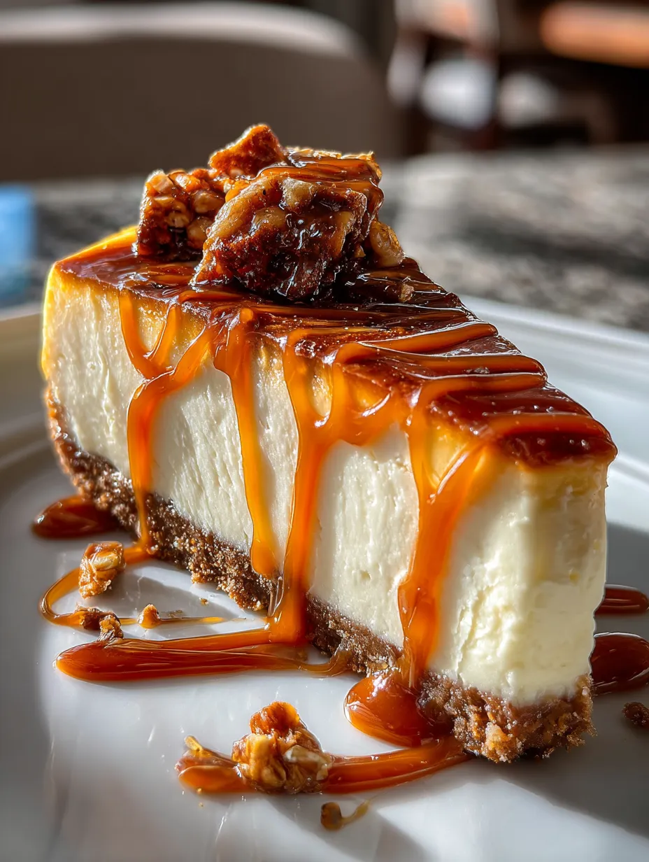 Corte de pastel cubierto con nueces y salsa de caramelo.