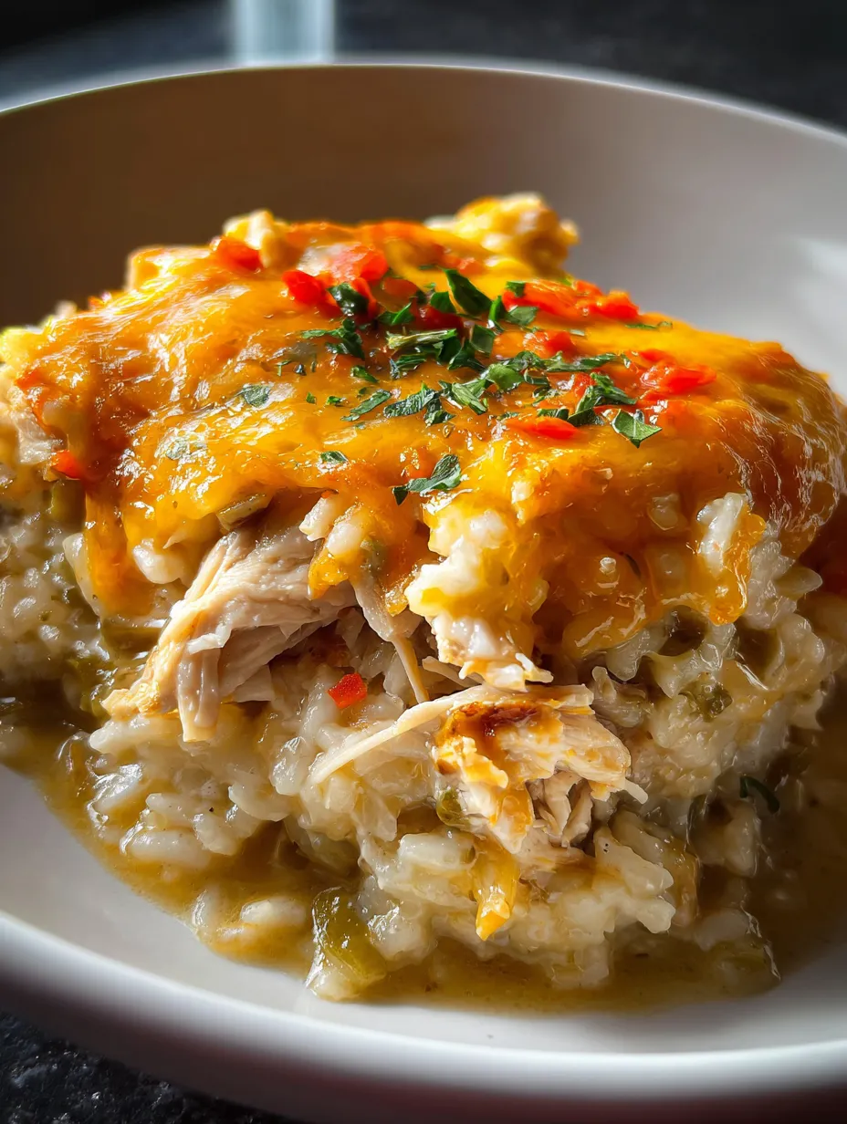 Un plato con arroz, verduras y queso todo gratinado, decorado con tomate y cebolla.