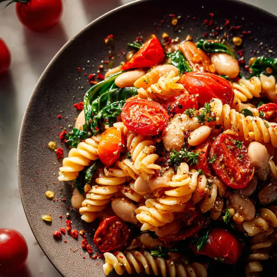 Un plato de pasta, tomates, alubias y patatas.