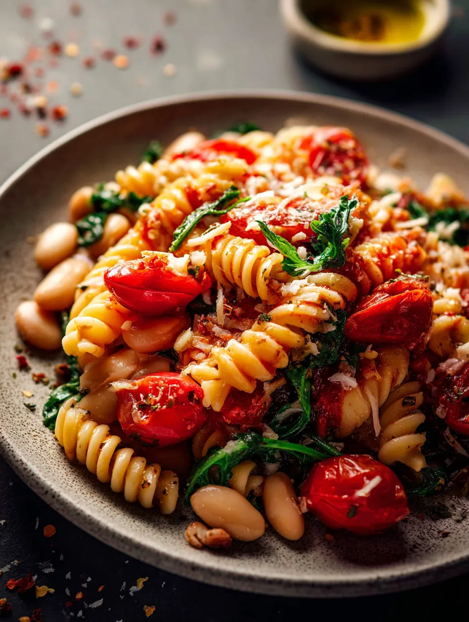 Bol pequeño con pasta, tomates, garbanzos, kale y albahaca.