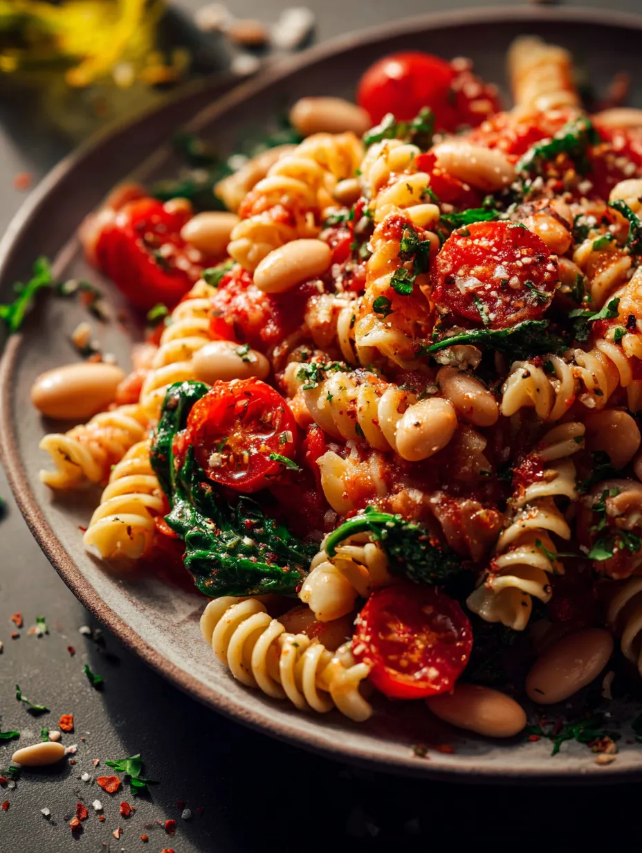 Pasta con tomates, alubias, garbanzos y kale en un plato.