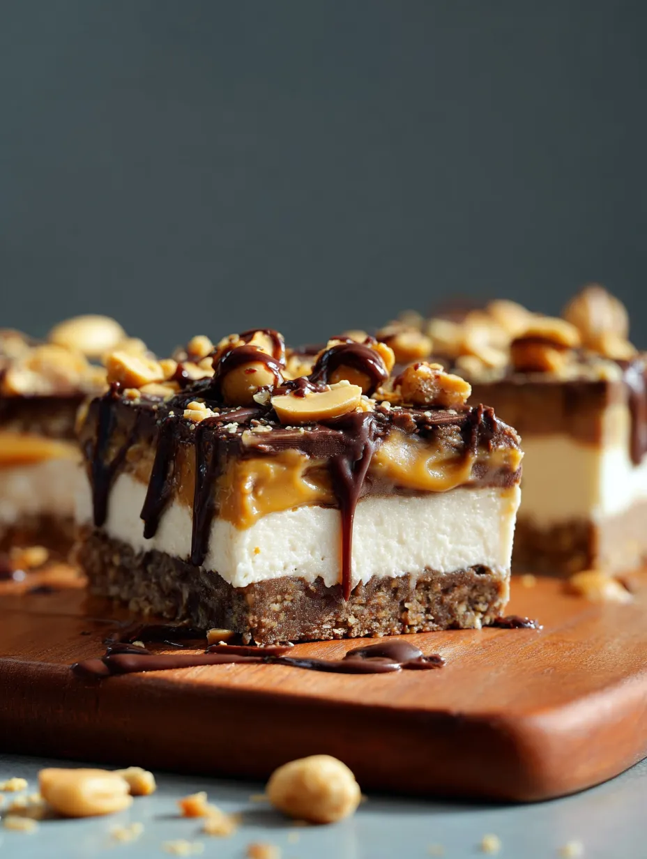 Trozos de pastel con chocolate y cacahuetes sobre una tabla de madera.