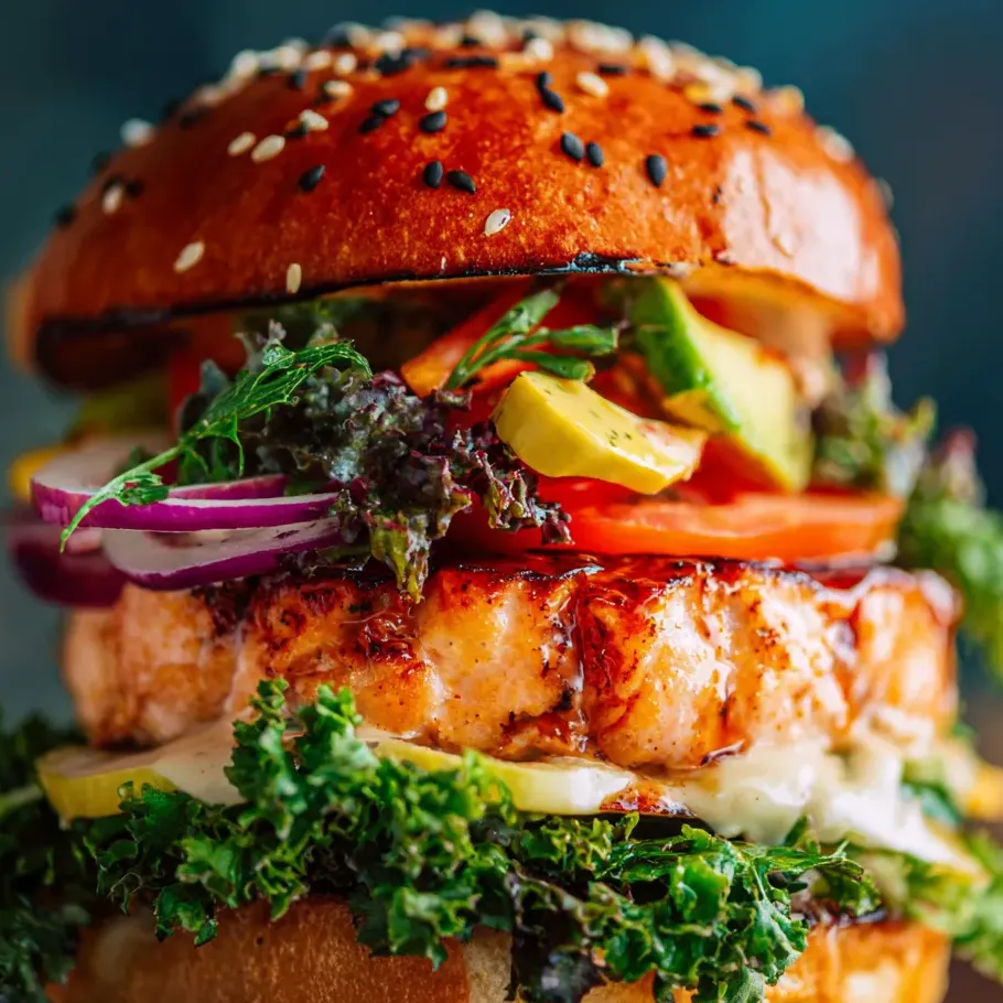 Una hamburguesa grande con aguacate, tomate, lechuga, cilantro y queso.