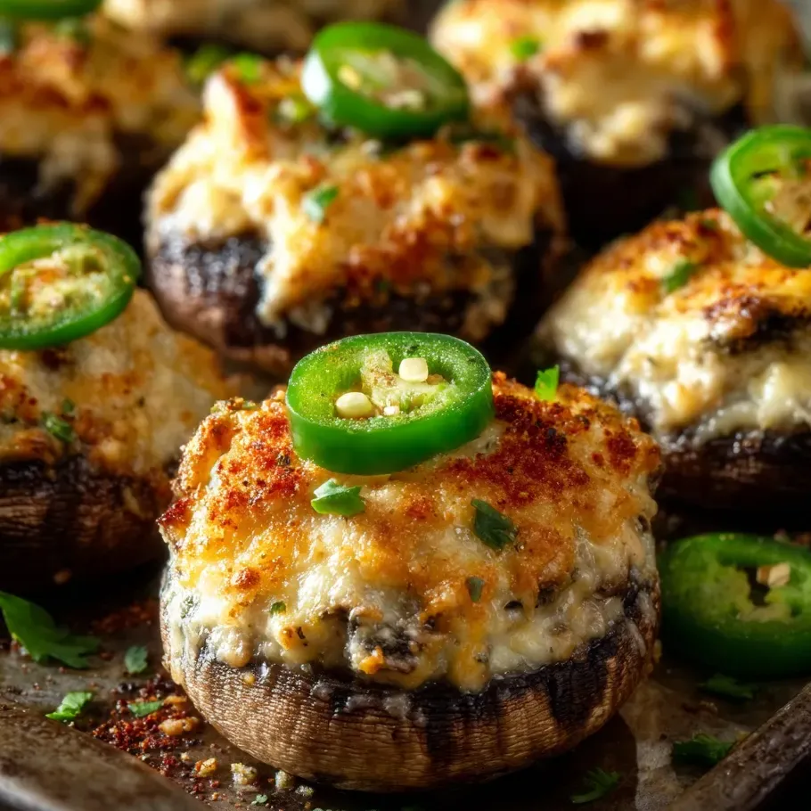 Un plato de champiñones a la parrilla con salsa de jalapeños por encima.