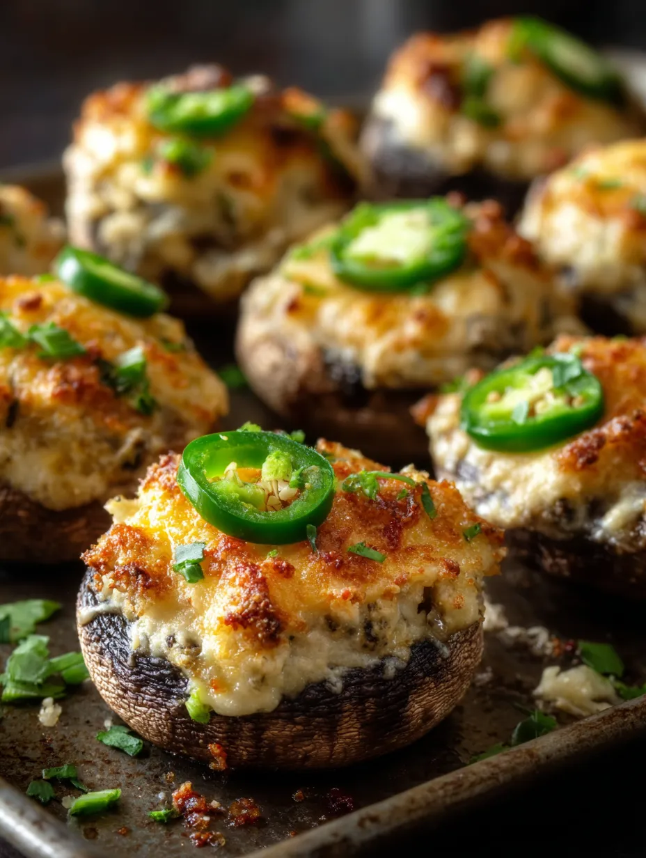 Unos champiñones asados servidos con topping de jalapeño sobre un plato.