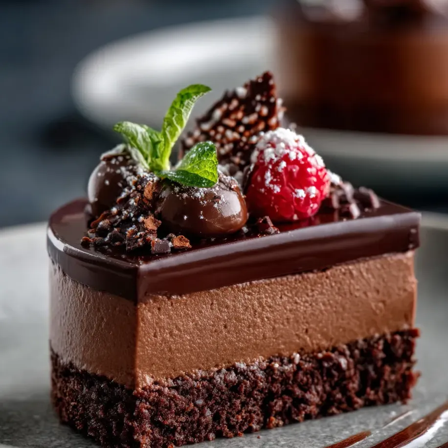 Un pastel de chocolate decorado con frambuesa y limón.