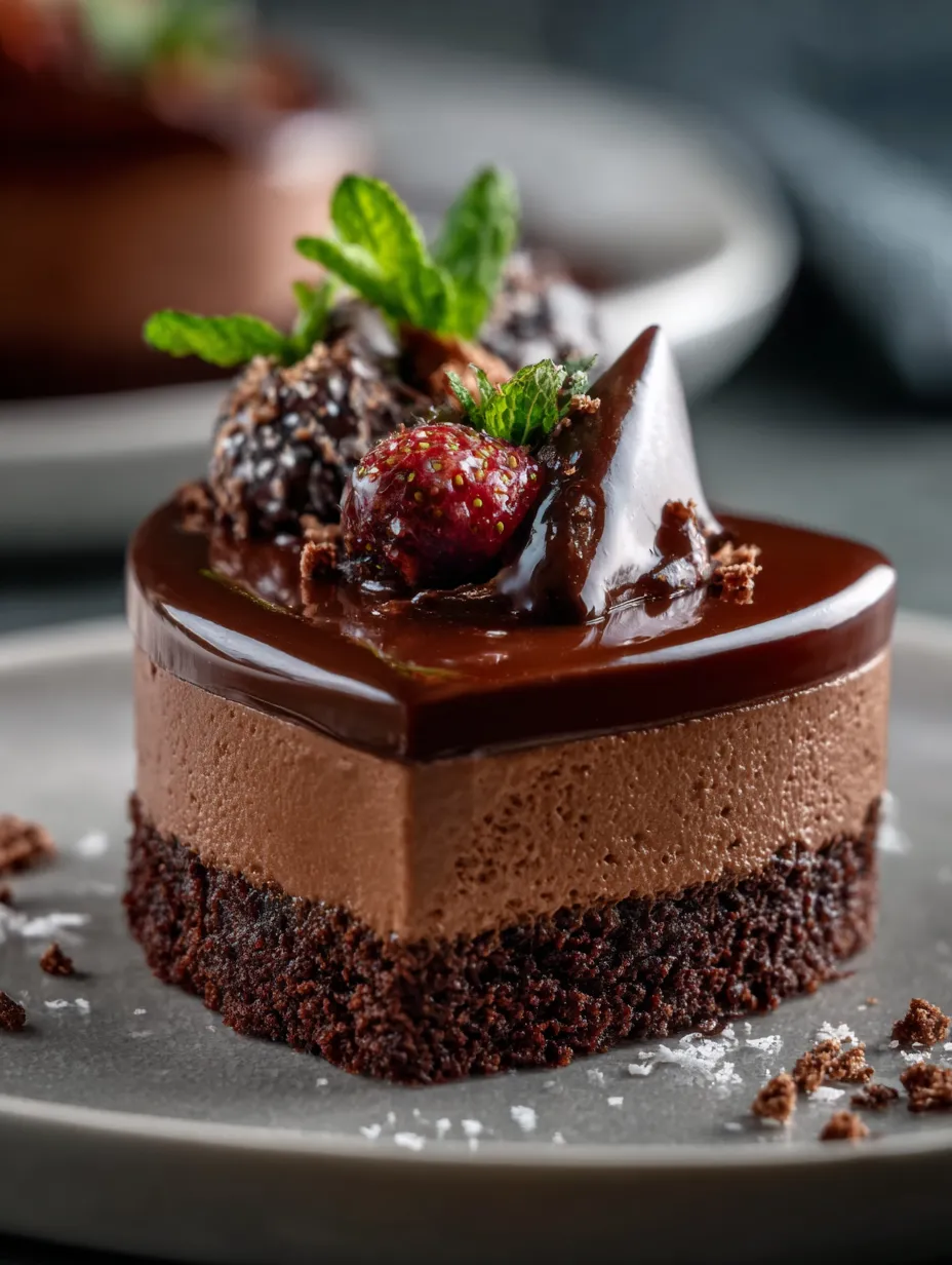 Pastel de chocolate recubierto, con fresas y hojas de menta.