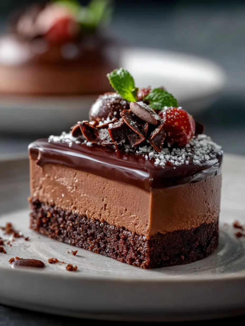 Bola de chocolate bañada en cobertura, con fresas y hojas de menta en el plato.