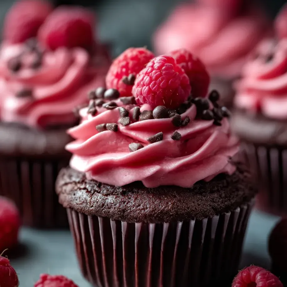 Cupcakes decorados con crema rosa, chocolate y frambuesas frescas encima.