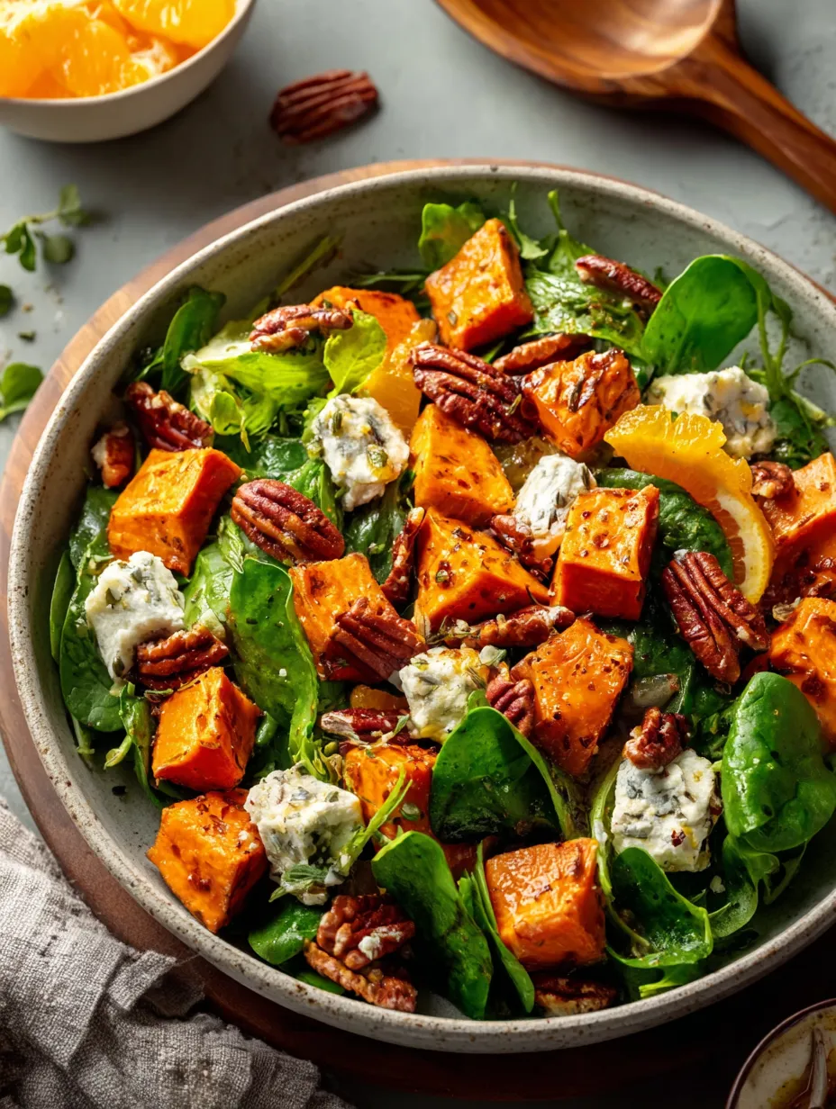Un bol con mezcla de verduras frescas, donde hay calabaza, espinaca, frutos secos y decoración de naranja.