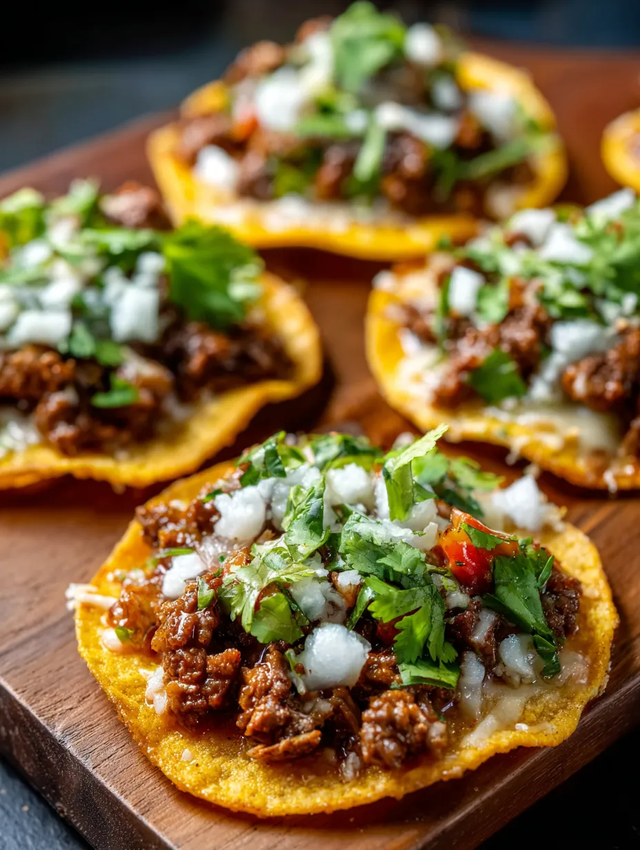 Un plato con seis tacos llenos de queso, tomate, pimientos y chiles encima.