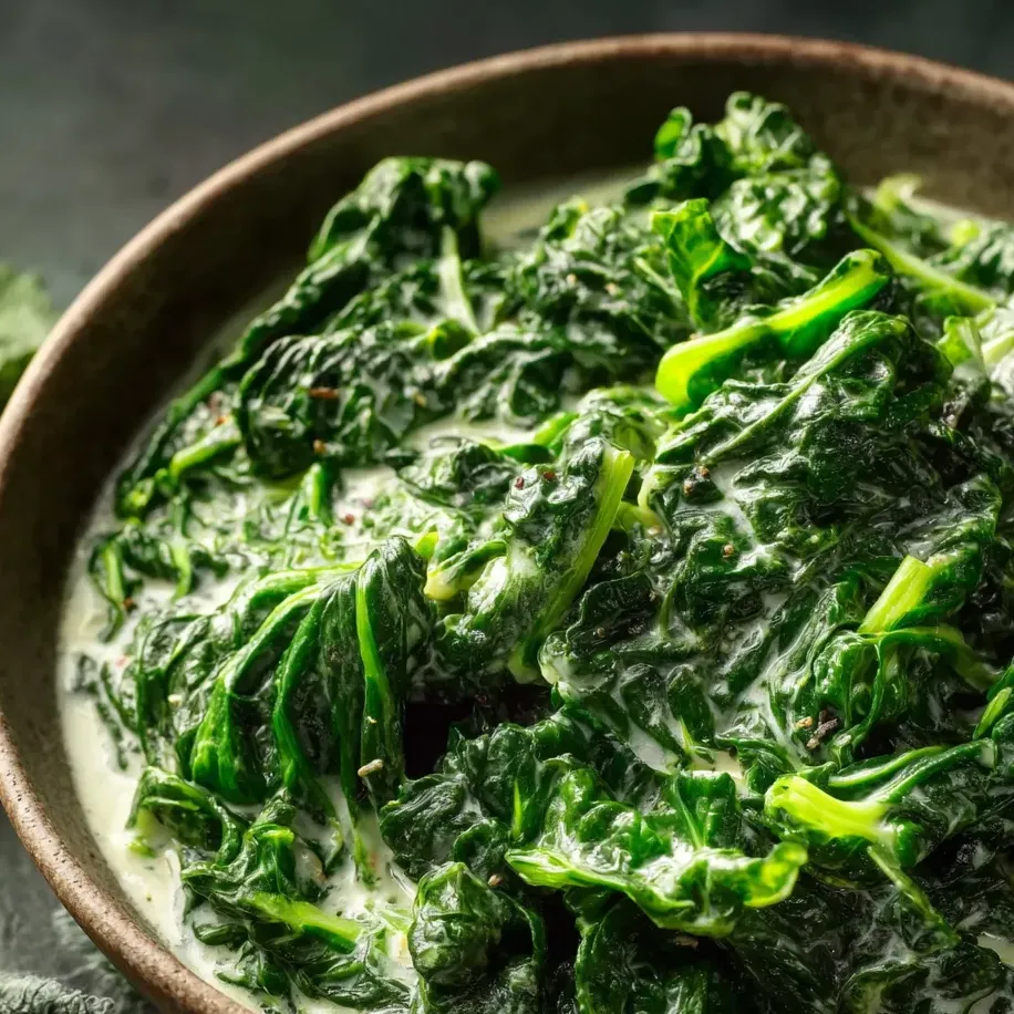 Un olla grande llena de hojas verdes y salsa cremosa.