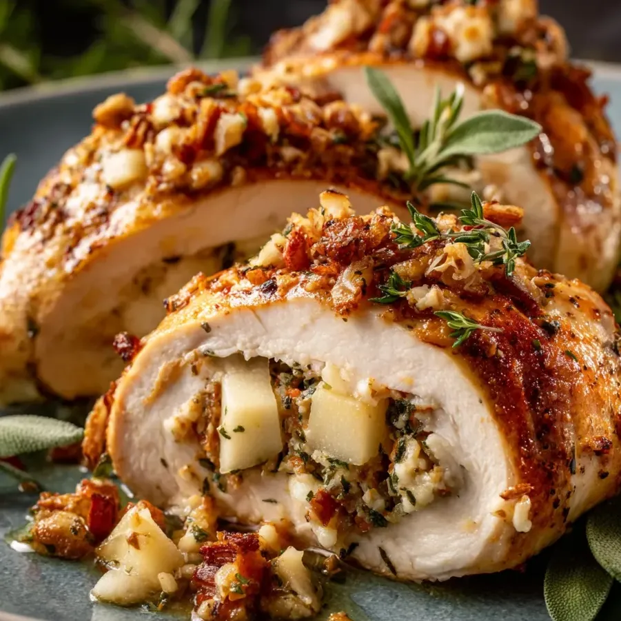 Un trozo de pollo con cebolla y nueces en un plato.