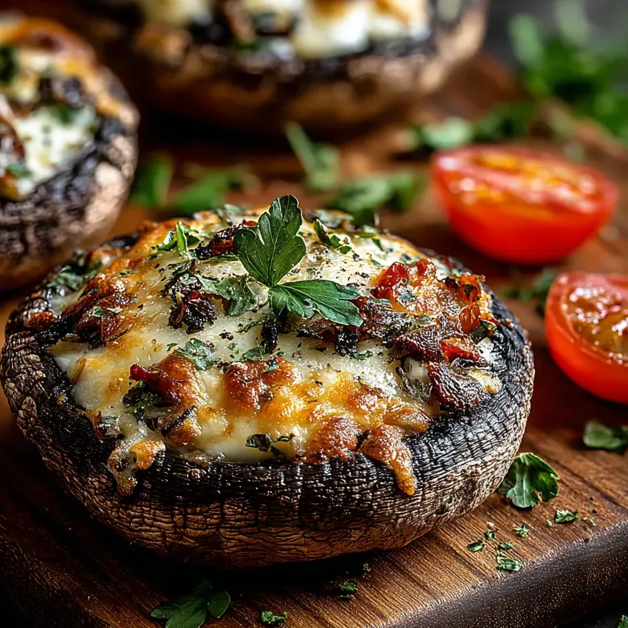 Un portobello con tomate y albahaca sobre una tabla de madera.