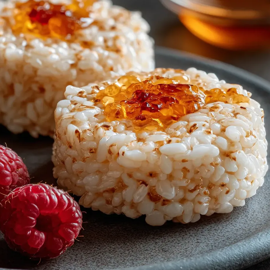 Croquetas de arroz con salsa de frambuesa en un plato.