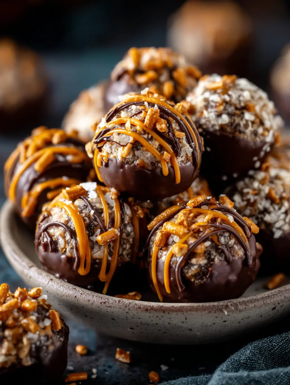 Una olla grande llena de bolitas de chocolate decoradas con nueces y líneas de azúcar.
