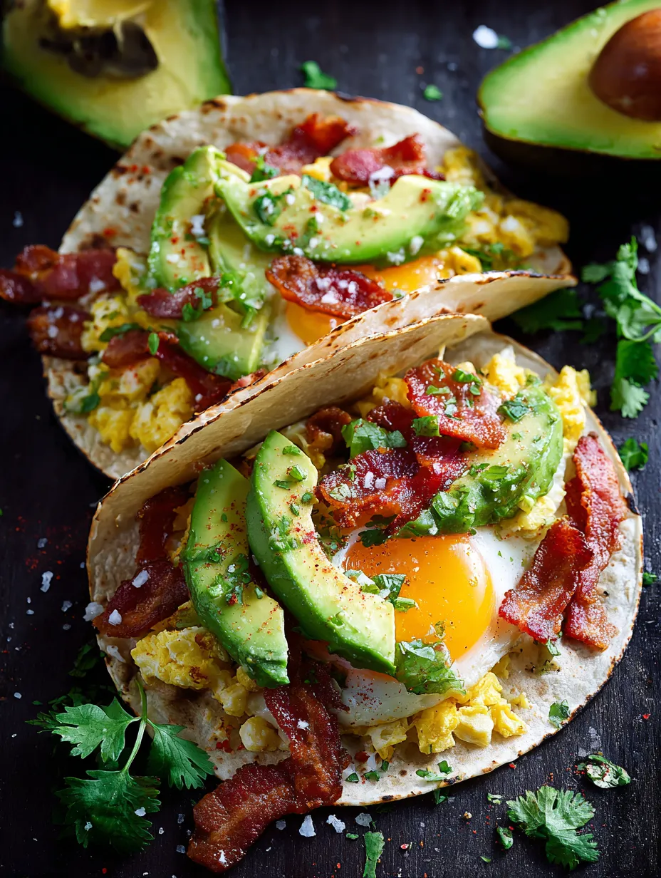 Dos tacos con bacon, aguacate y huevo sobre mesa.