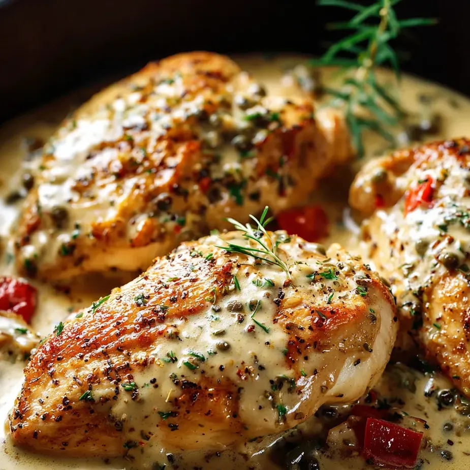 Bol con pechuga de pollo dorada, salsa y hierbas frescas.
