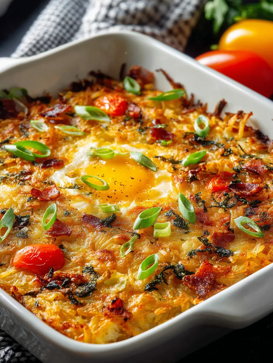 Un plato blanco con mezcla de papas, cebollas, tomates, huevos y tocino.