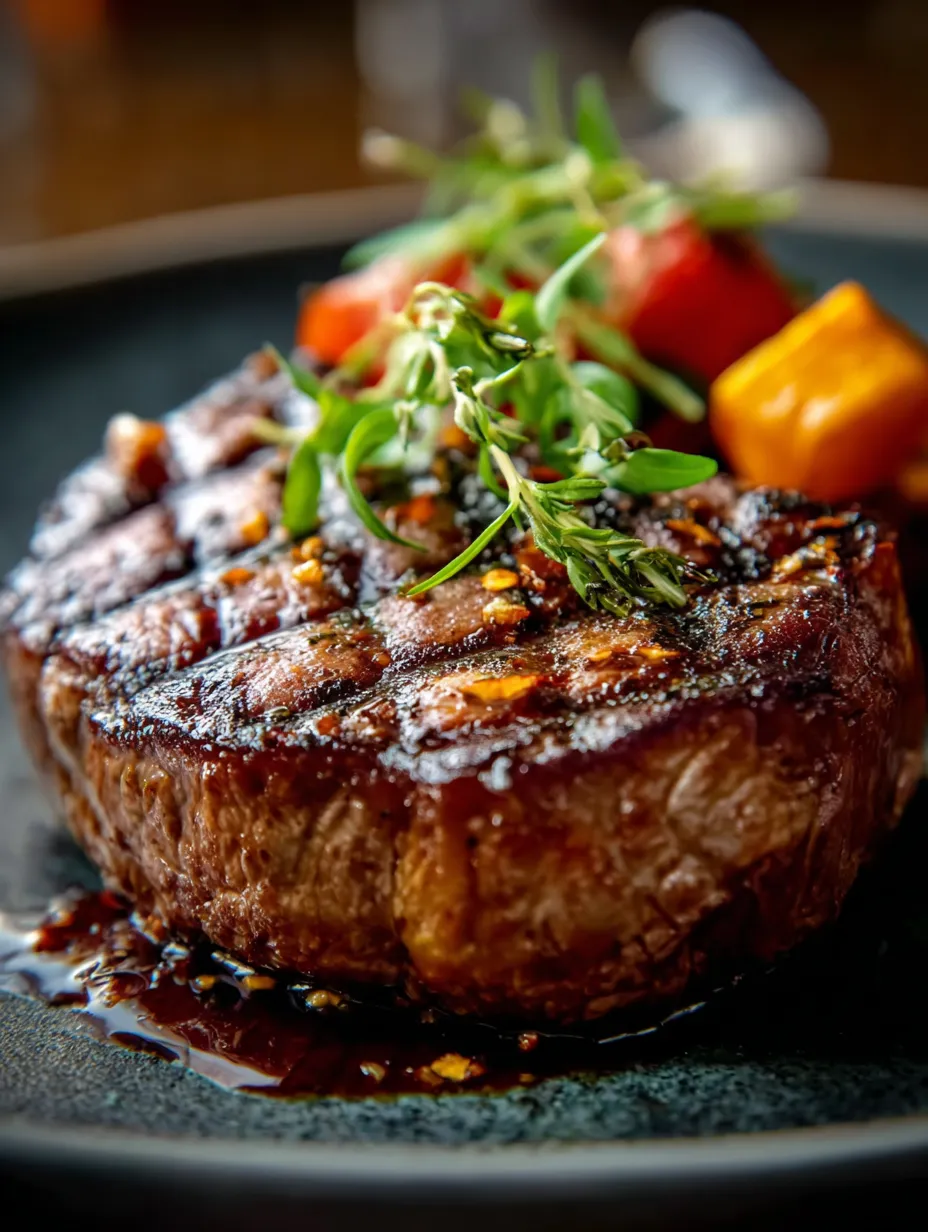 Un steak con verdes frescos sobre un plato.