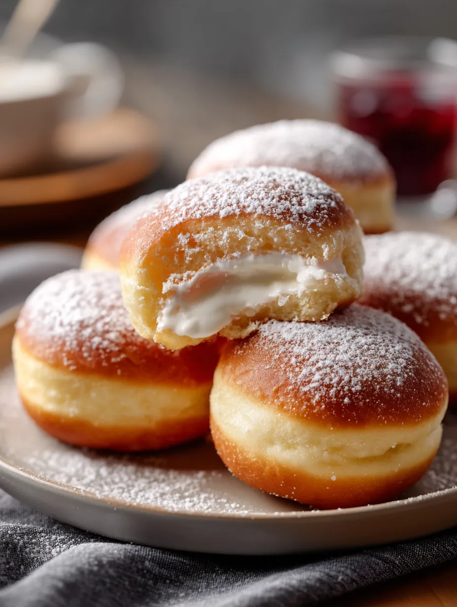 Seis donuts blancos con azúcar arriba en una bandeja.