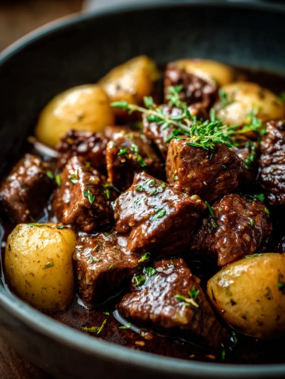 Olla cocinada con carne oscura y papitas.