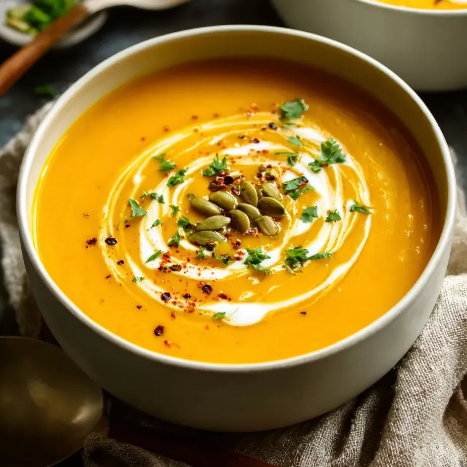 Taza blanca con sopa densa y naranja, lleva especias y cebolla encima.