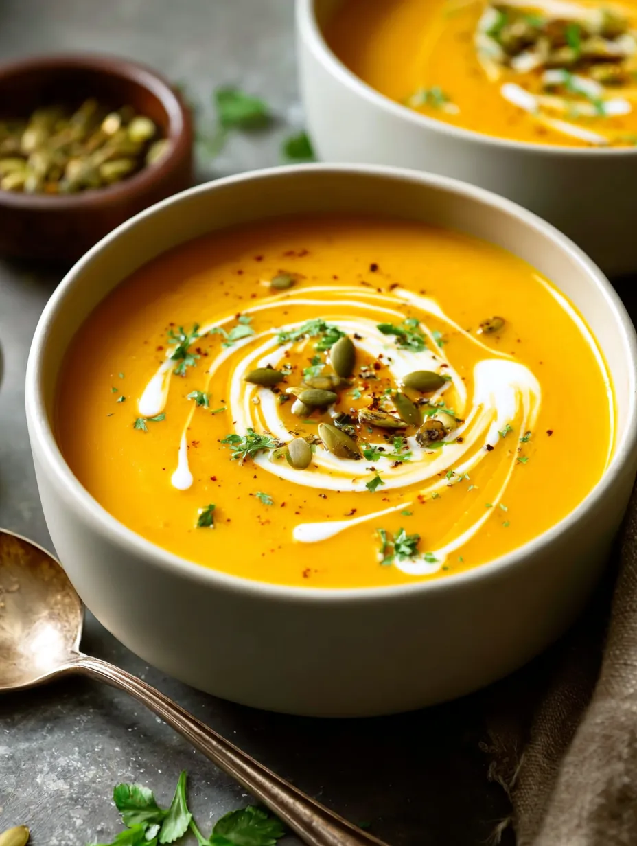Taza blanca con sopa cremosa decorada con pipas, especias y hierbas frescas.