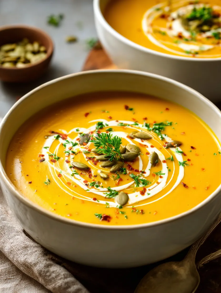 Taza blanca con sopa cremosa y fuerte color, decorada con semillas y cebolla y un poco de especias.