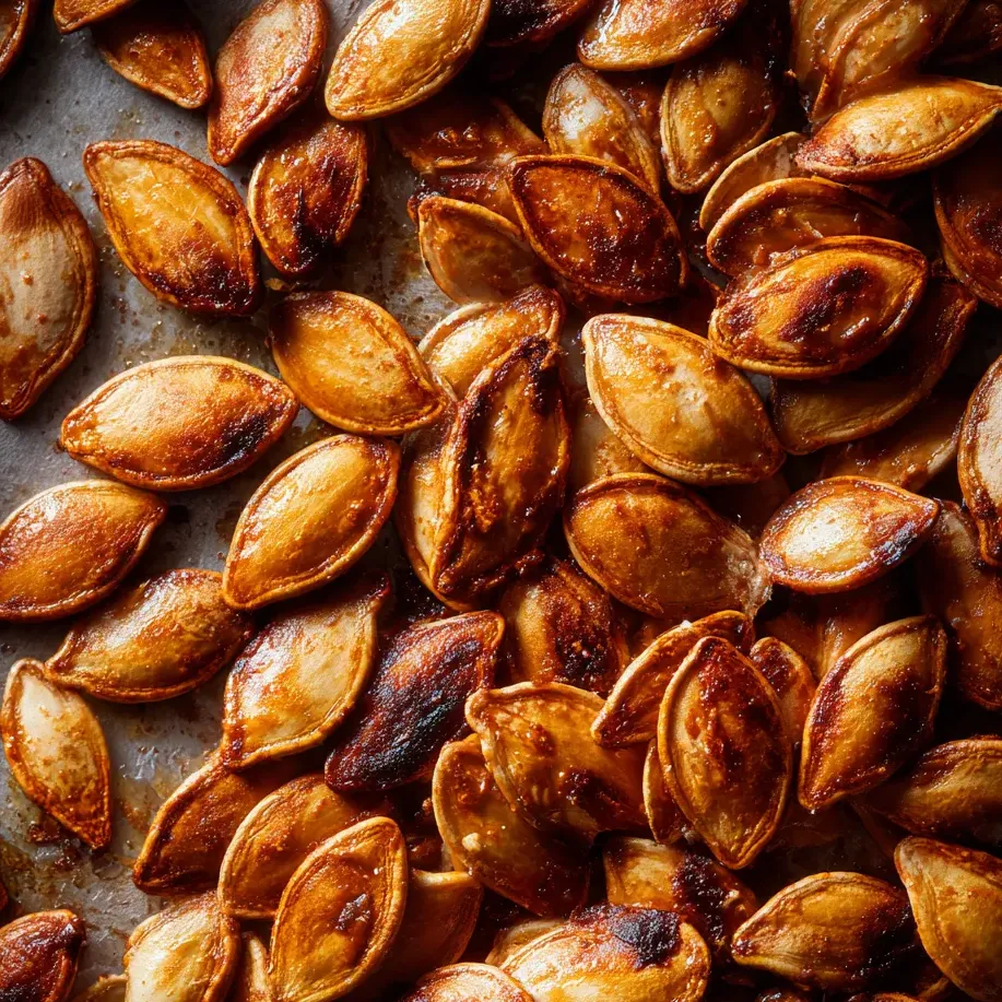 Una capa de semillas de calabaza rojas secándose sobre una mesa.