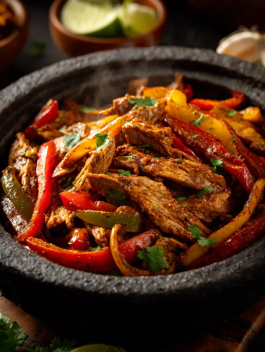 Una olla negra llena hasta arriba con carne, pimientos, cebolla y tomate todo junto.