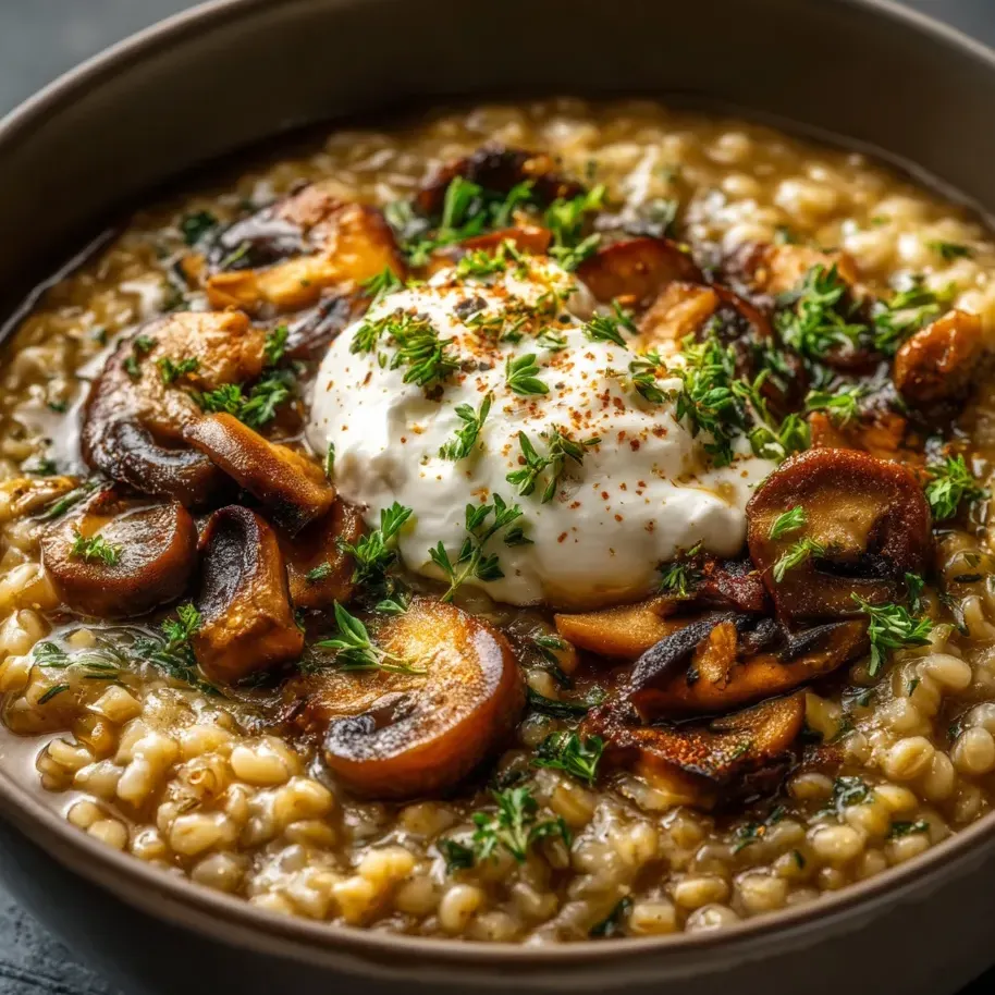 Un bol pequeño con muesli, champiñones, perejil y huevo.