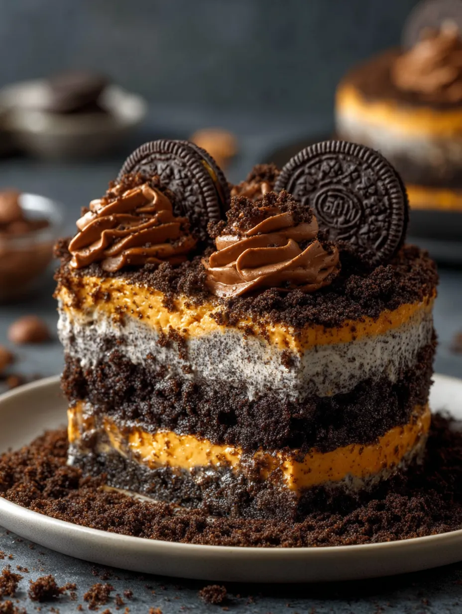 Un pastel de chocolate bañado en sirope de chocolate y con trozos de brownie.