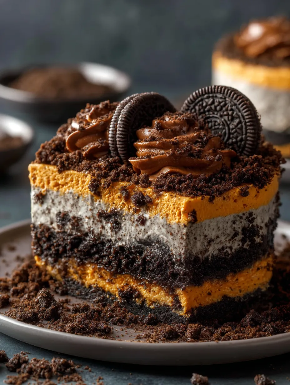 Un pastel de chocolate con helado de vainilla y chocolate, Oreos y salsa de chocolate encima.