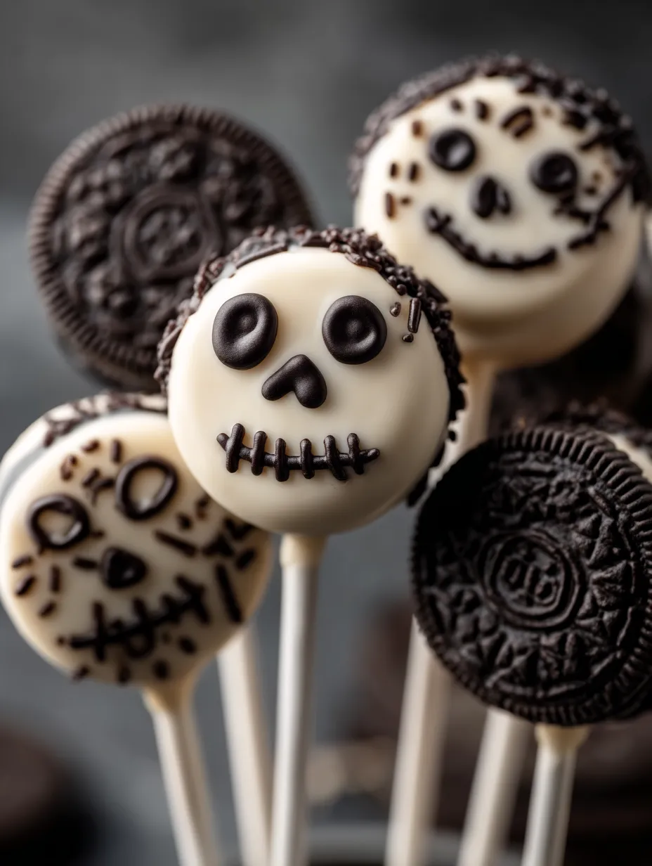 Varios pops de Oreo cubiertos con chocolate en palitos, decorados de formas variadas.