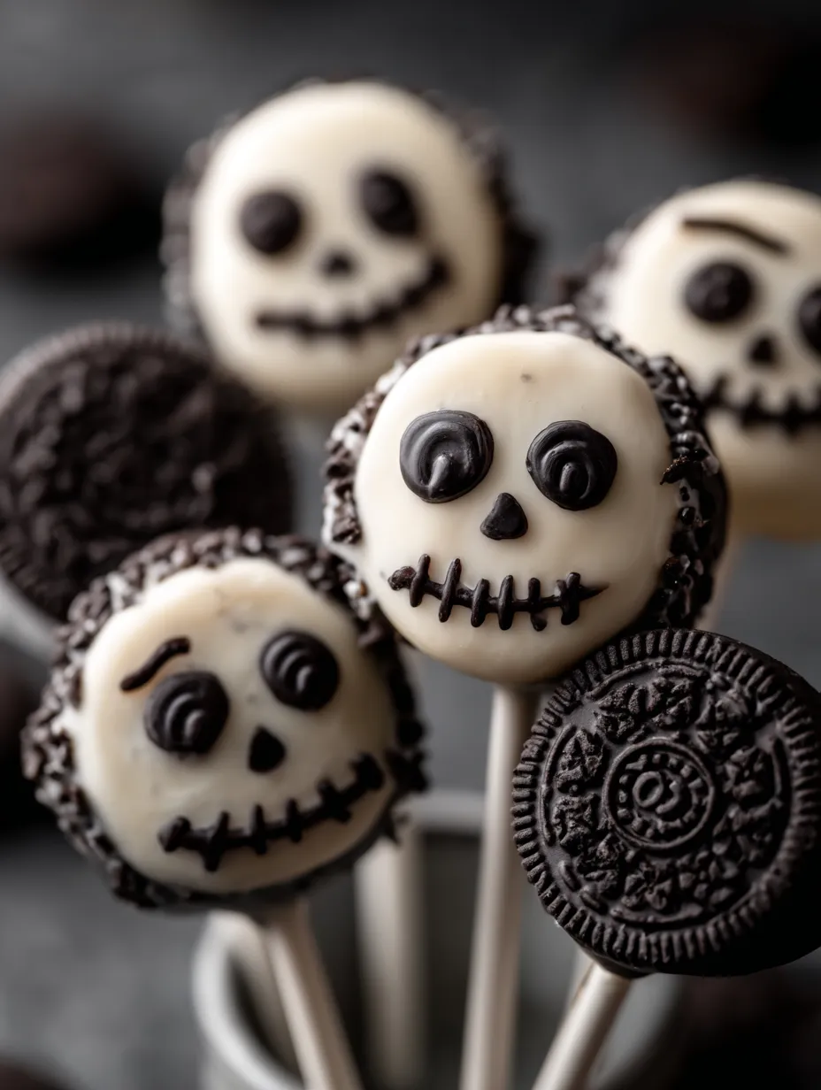 Varios pops de Oreo con chocolate puestos juntos en un recipiente, listos para comer.