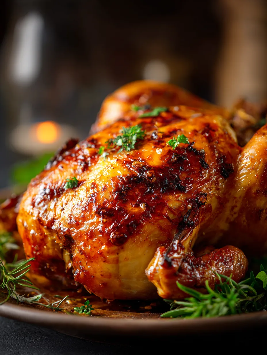 Pollo asado entero servido en fuente.