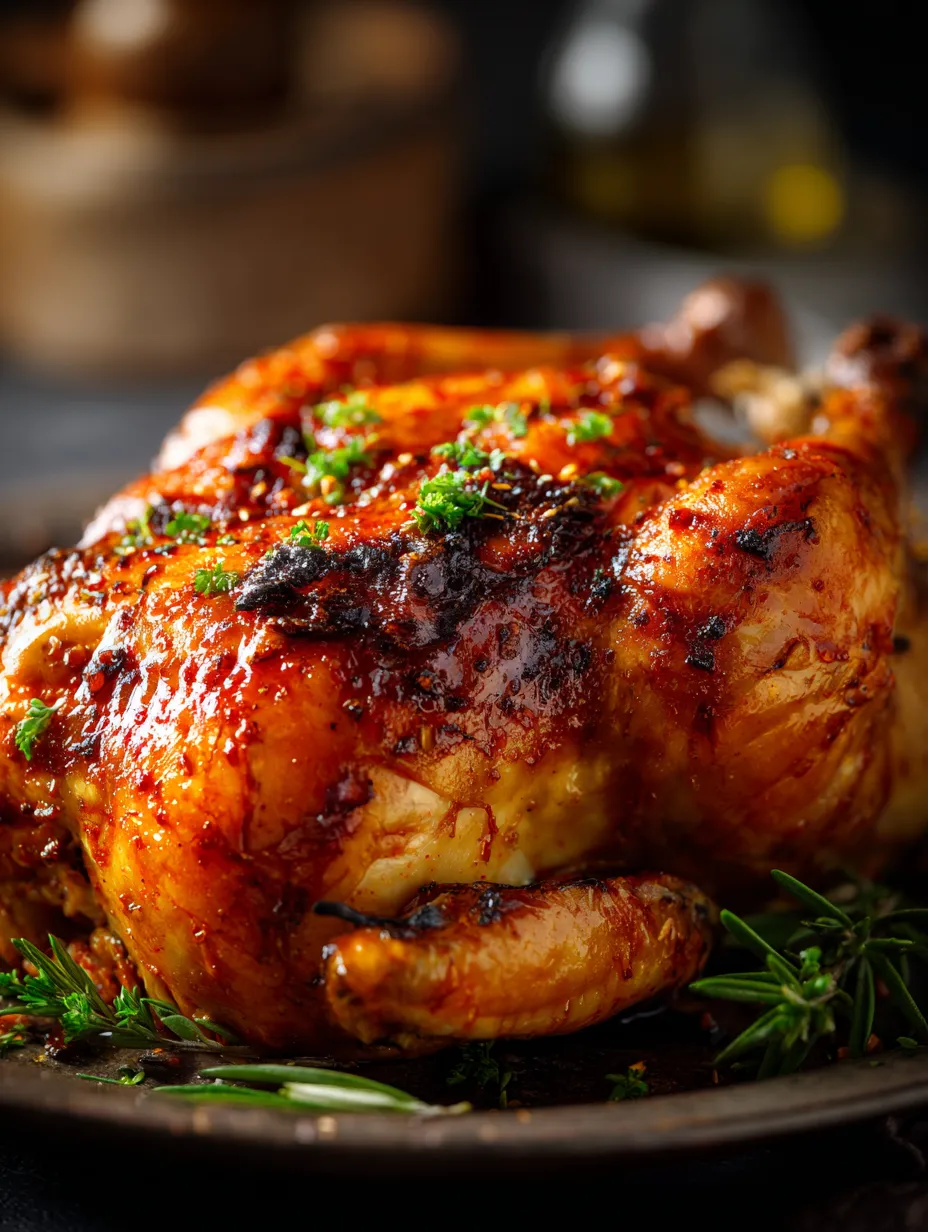 Pollo asado entero con cebollas y ajo puesto arriba en plato.
