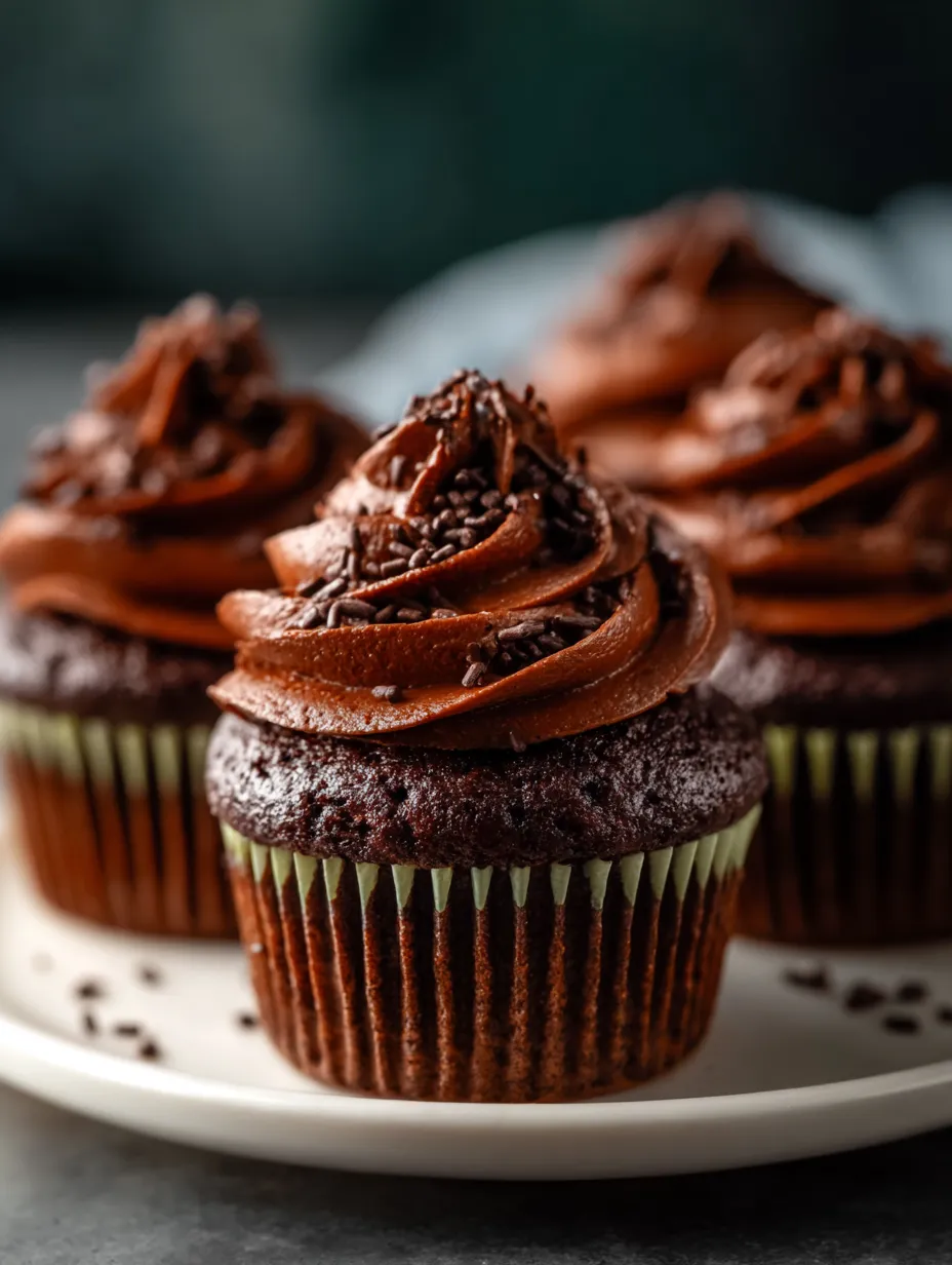 Dos cupcakes de chocolate con cobertura sobre un plato blanco.