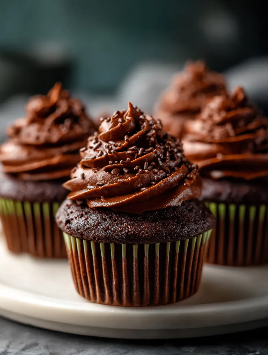 Un plato blanco con tres cupcakes de chocolate, decorados con crema y glaseado de cacao.