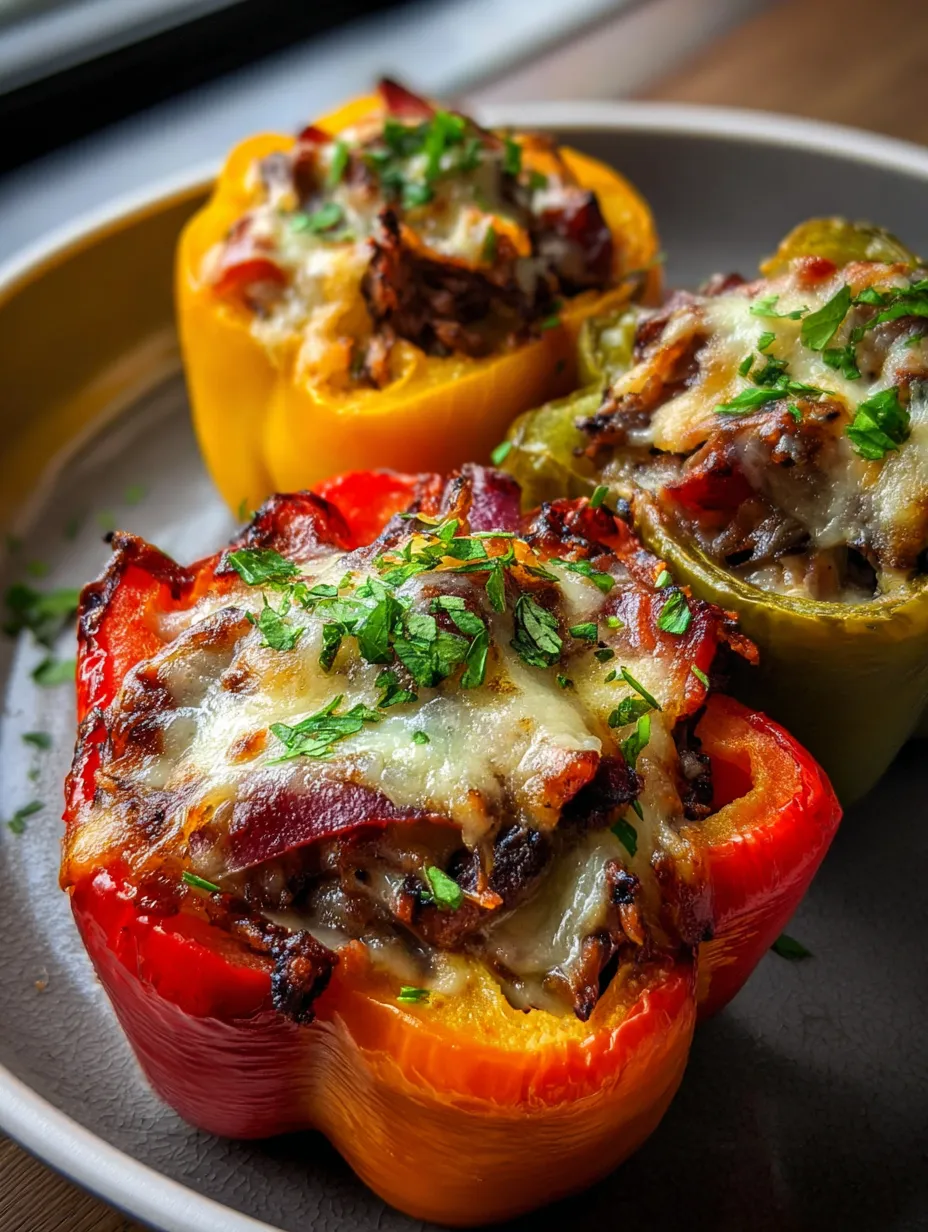 Tres pimientos rojos abiertos, cubiertos de beicon y provolone dorado.