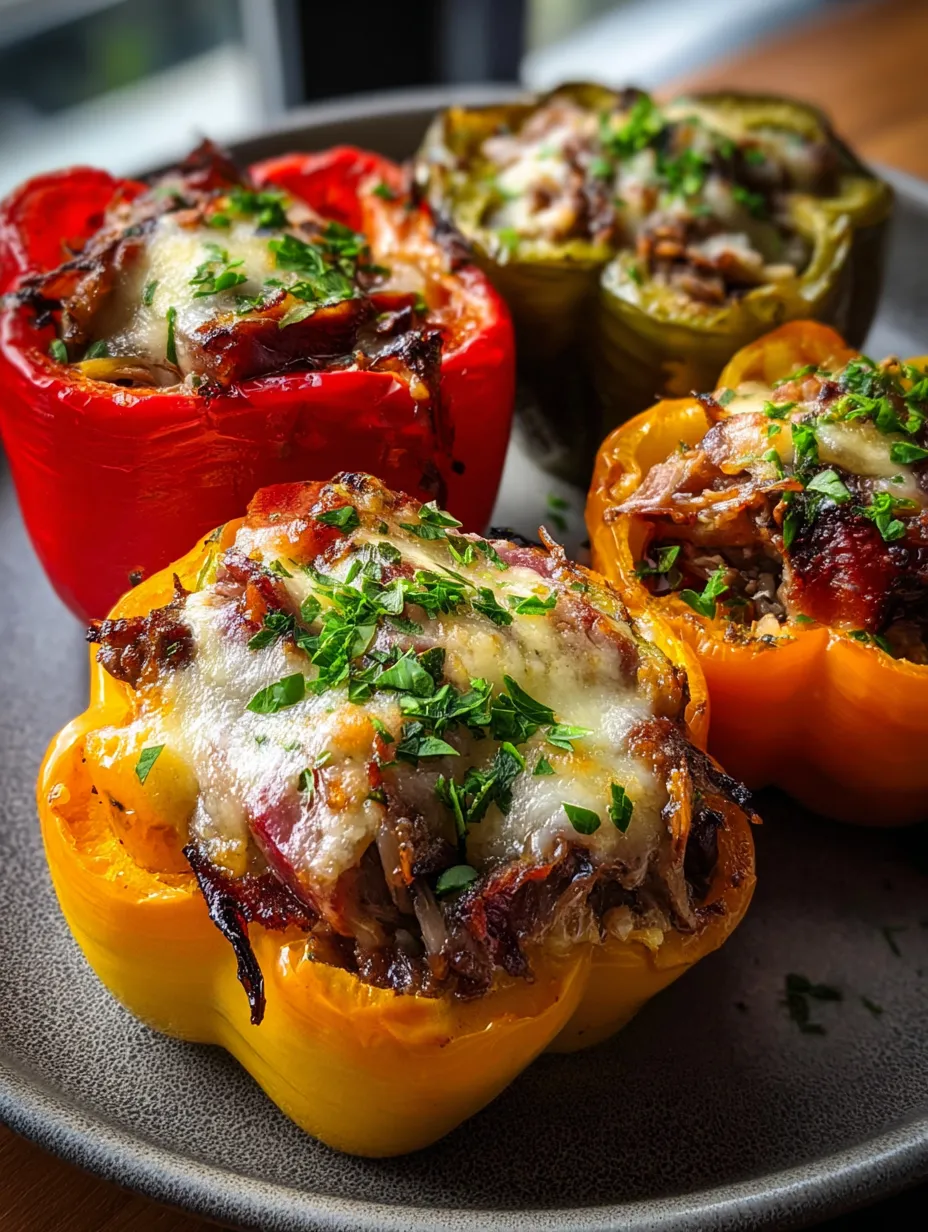 Pimientos rojos rellenos de carne y cubiertos de queso fundido en bandeja.