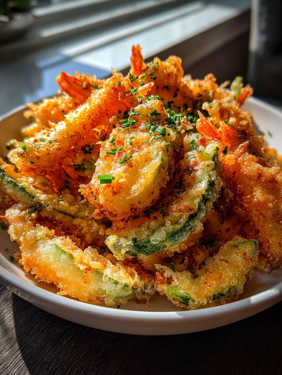 Plato blanco con bolitas de calabacín tempurizado recién frito.