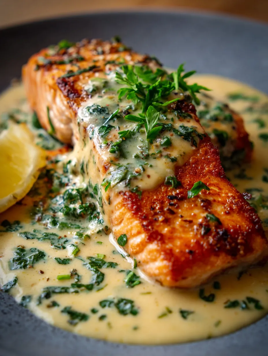 Un filete de pescado dorado y jugoso con salsa sobre un plato.
