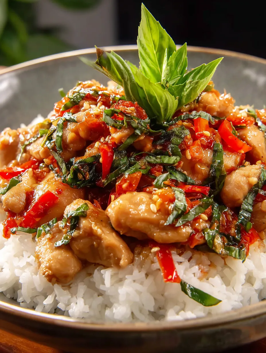 Un plato con pollo, pimientos, cebolla y cilantro en salsa, estilo asiático.