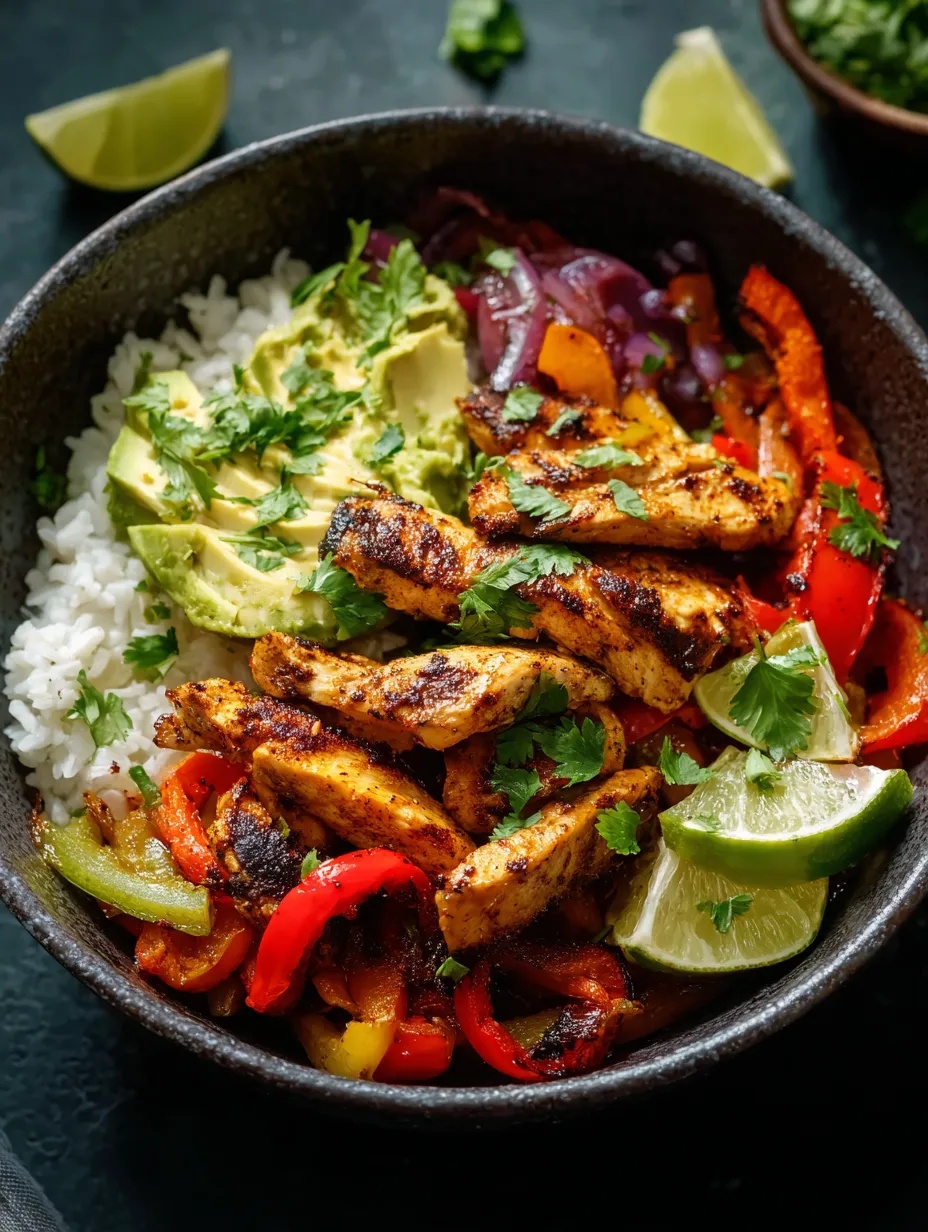 Un bowl negro vacío con arroz, aguacate, lima, tomate, pimiento, cebolla y pollo mezclados.