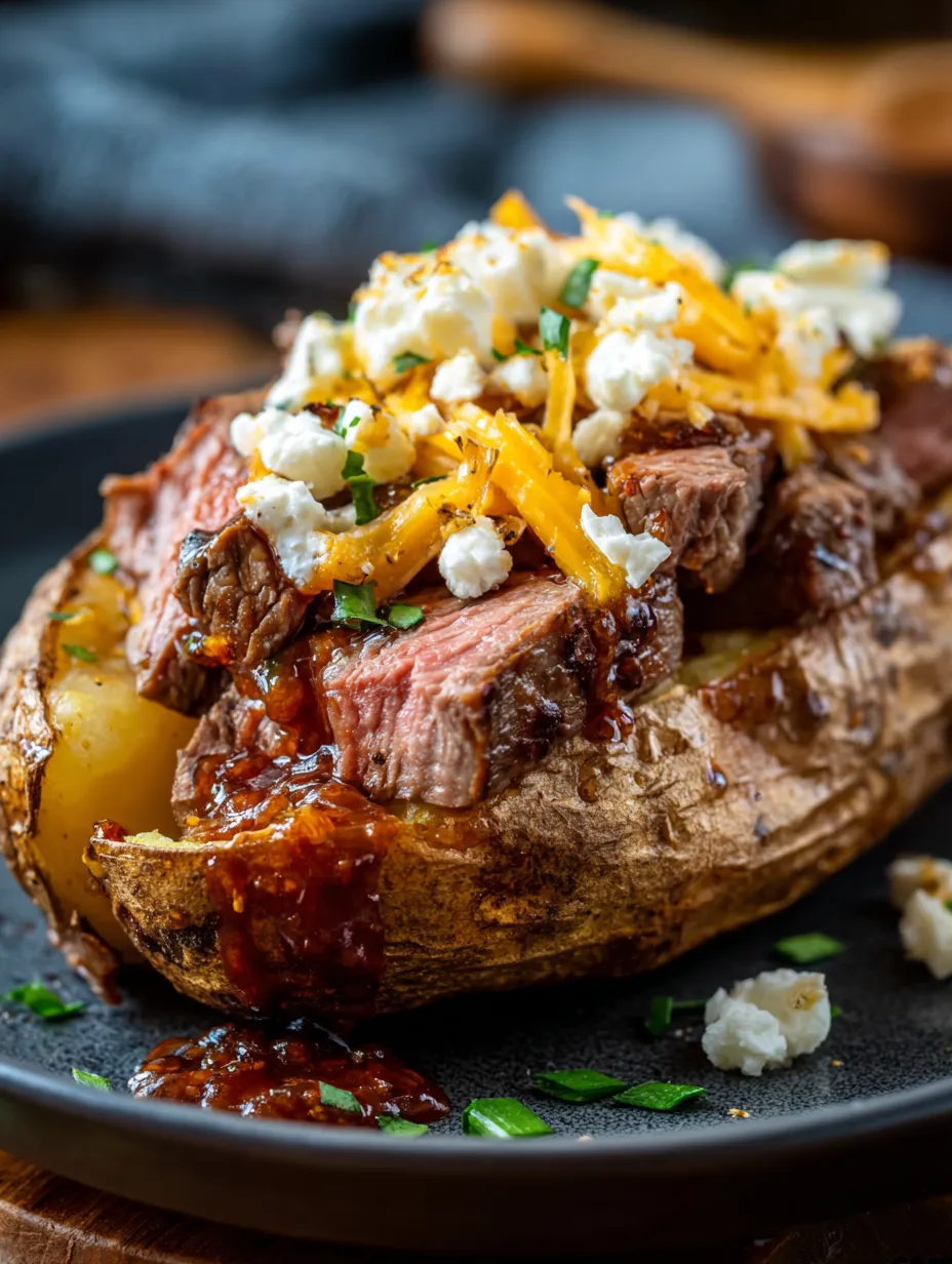 Filete a la parrilla con queso y cebolla en un plato.