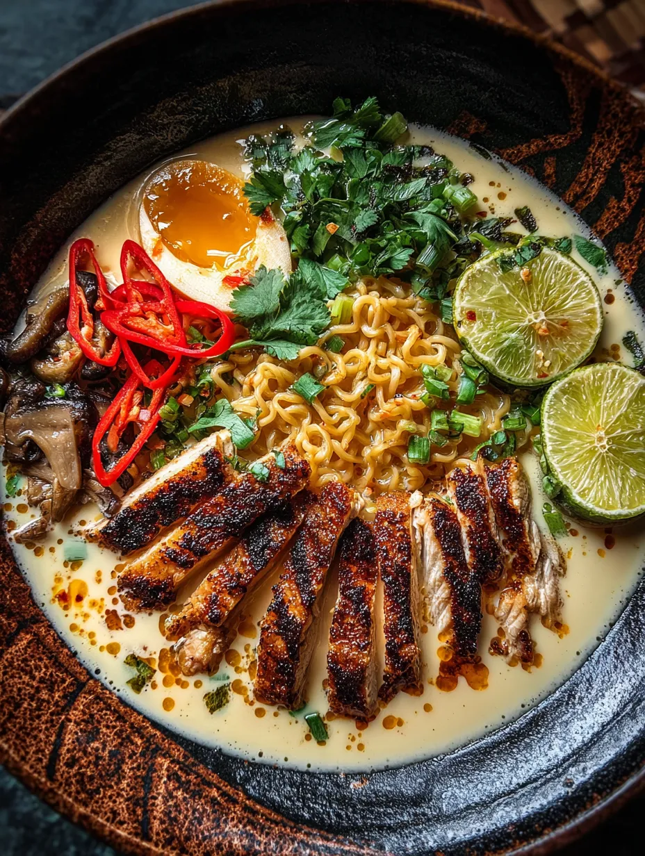 Una imagen de un plato asiático con carne de res, champiñones, lima, camarones, cilantro y fideos.